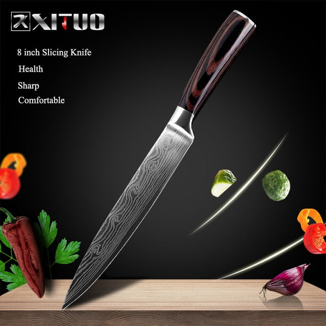 XITUO 8"inch japanese kitchen knives Laser Damascus pattern chef knife Sharp Santoku Cleaver Slicing Utility Knives tool EDC