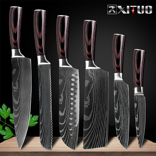 XITUO 8"inch japanese kitchen knives Laser Damascus pattern chef knife Sharp Santoku Cleaver Slicing Utility Knives tool EDC