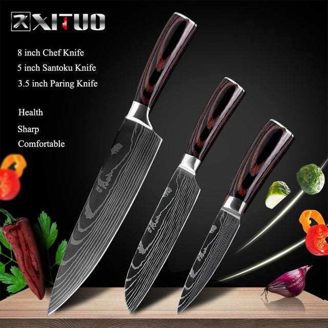 XITUO 8"inch japanese kitchen knives Laser Damascus pattern chef knife Sharp Santoku Cleaver Slicing Utility Knives tool EDC