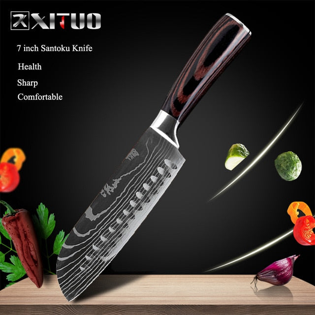 XITUO 8"inch japanese kitchen knives Laser Damascus pattern chef knife Sharp Santoku Cleaver Slicing Utility Knives tool EDC