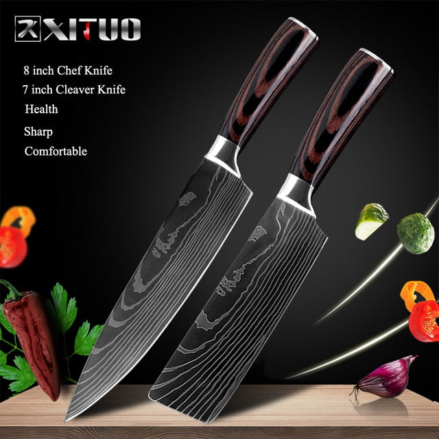 XITUO 8"inch japanese kitchen knives Laser Damascus pattern chef knife Sharp Santoku Cleaver Slicing Utility Knives tool EDC