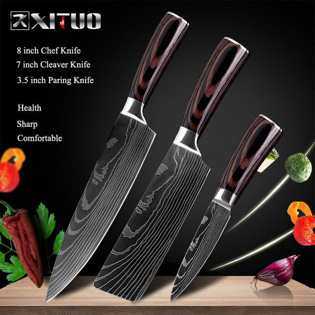 XITUO 8"inch japanese kitchen knives Laser Damascus pattern chef knife Sharp Santoku Cleaver Slicing Utility Knives tool EDC