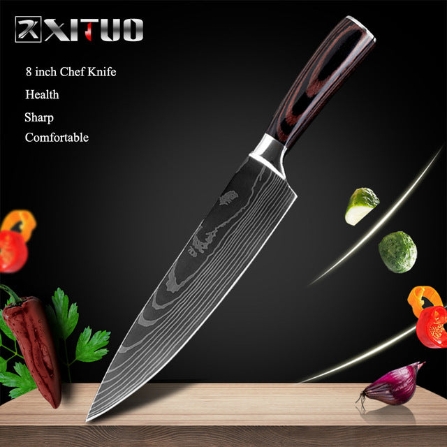 XITUO 8"inch japanese kitchen knives Laser Damascus pattern chef knife Sharp Santoku Cleaver Slicing Utility Knives tool EDC