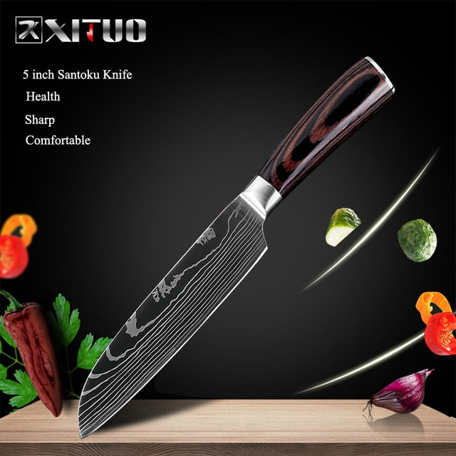 XITUO 8"inch japanese kitchen knives Laser Damascus pattern chef knife Sharp Santoku Cleaver Slicing Utility Knives tool EDC