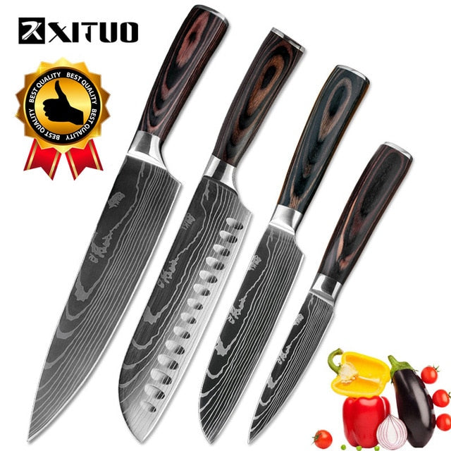 XITUO Kitchen Knives Stainless Steel Damascus laser pattern Knife Paka Wood Handle Fruit Vegetable Meat Cooking Tools Accessorie