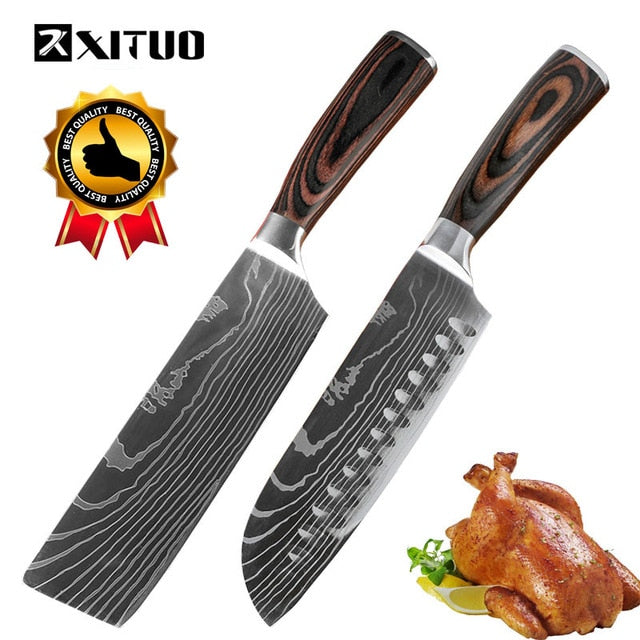 XITUO Kitchen Knives Stainless Steel Damascus laser pattern Knife Paka Wood Handle Fruit Vegetable Meat Cooking Tools Accessorie